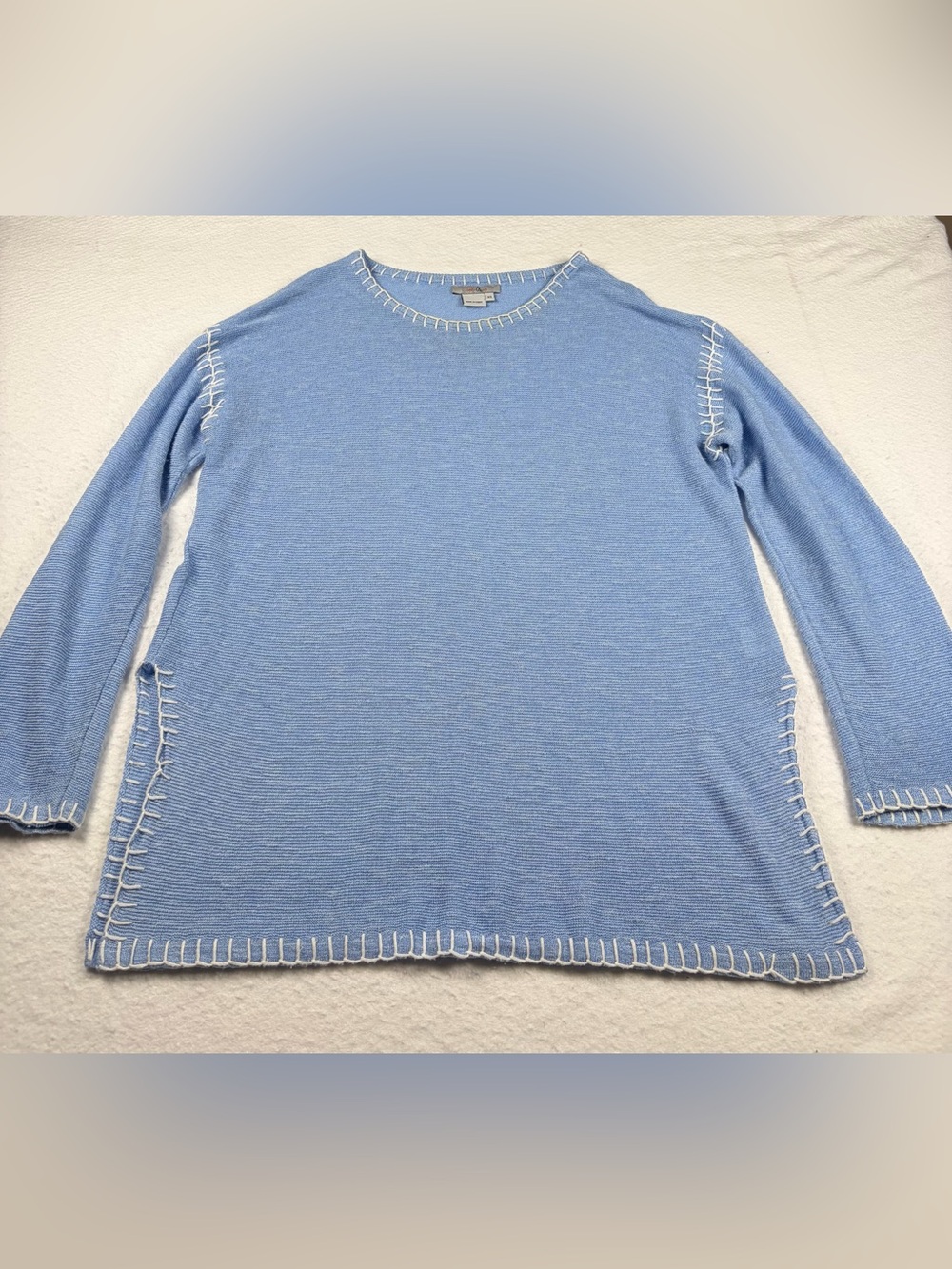 Ten-Oh-8 Light Blue Knit Sweater with White Stitch Trim‎